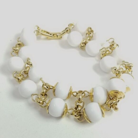 Vintage White and Gold Tone Beaded Bracelet, Two Strand with Clasp, Stacking - Picture 1 of 4